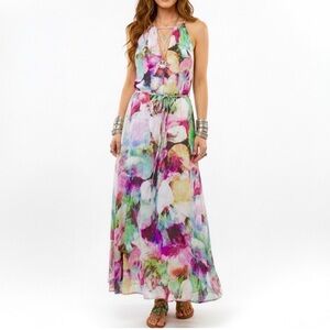 MAGGY LONDON Watercolour Floral Halter Maxi Summer Dress Abstract 6 Boho Chic